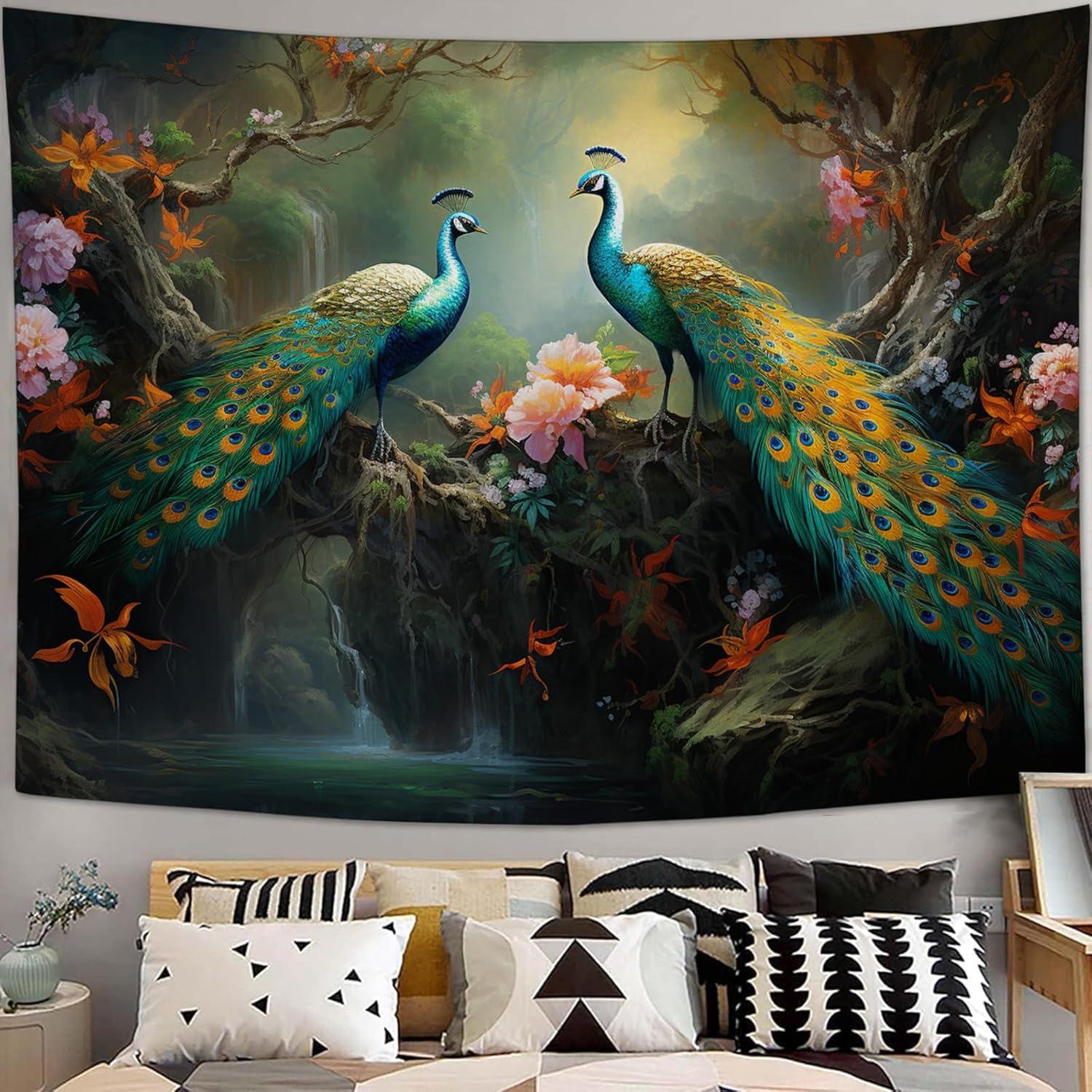 Peacock tapestry large flower wall with peacocks 75x100