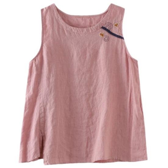 O-Neck Sleeveless Side Split Hem Loose Fit Retro Vest Women Summer Embroidery Pattern Top Streetwear