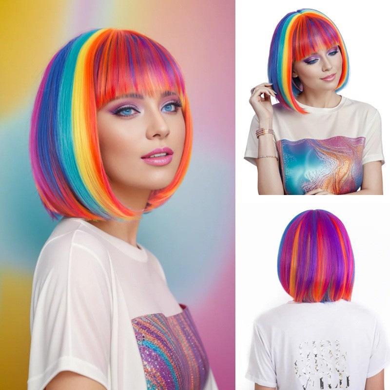 Multicolor Bob Wig for Women - Short Straight Hair, Party & Cosplay Style