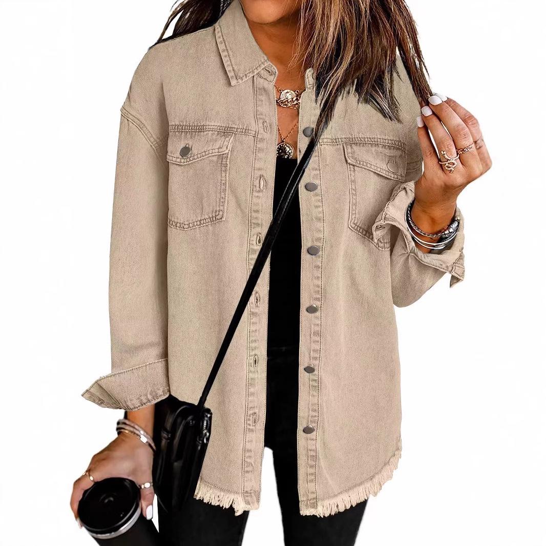 

Women s European and American Street Style Frayed Hem Denim Jacket Small оливковий колір