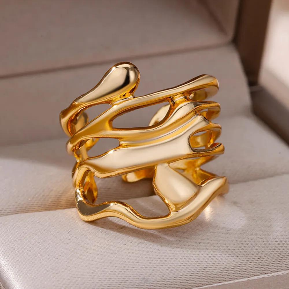 

Stainless Steel Rings For Women Men Gold Color Hollow Wide Ring Female Male Party Finger Jewelry Gift 2024 Trend Free Shipping resizable