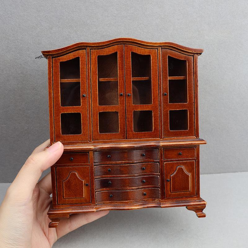 1/12 Miniature Wooden Handicrafts European Classic Miniature Cabinets Dollhouse Bedroom Furniture Set for DIY Decoration