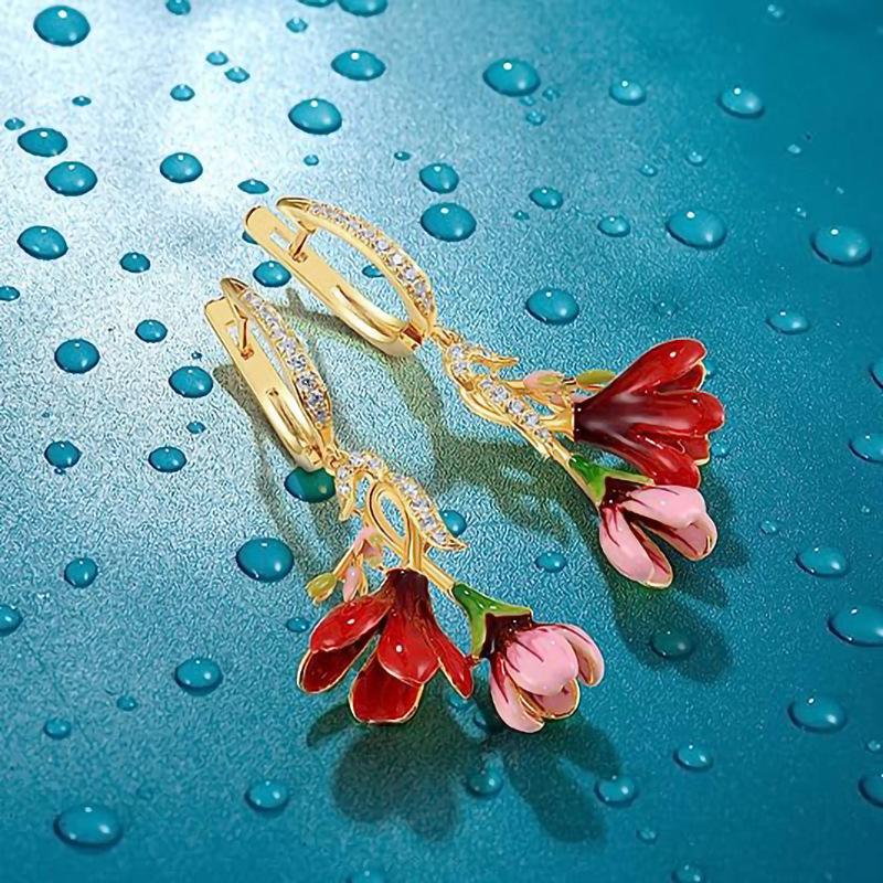 Metal-plated pastoral flower earrings, painting oil heavy industry small fresh earrings, lady vacation earrings