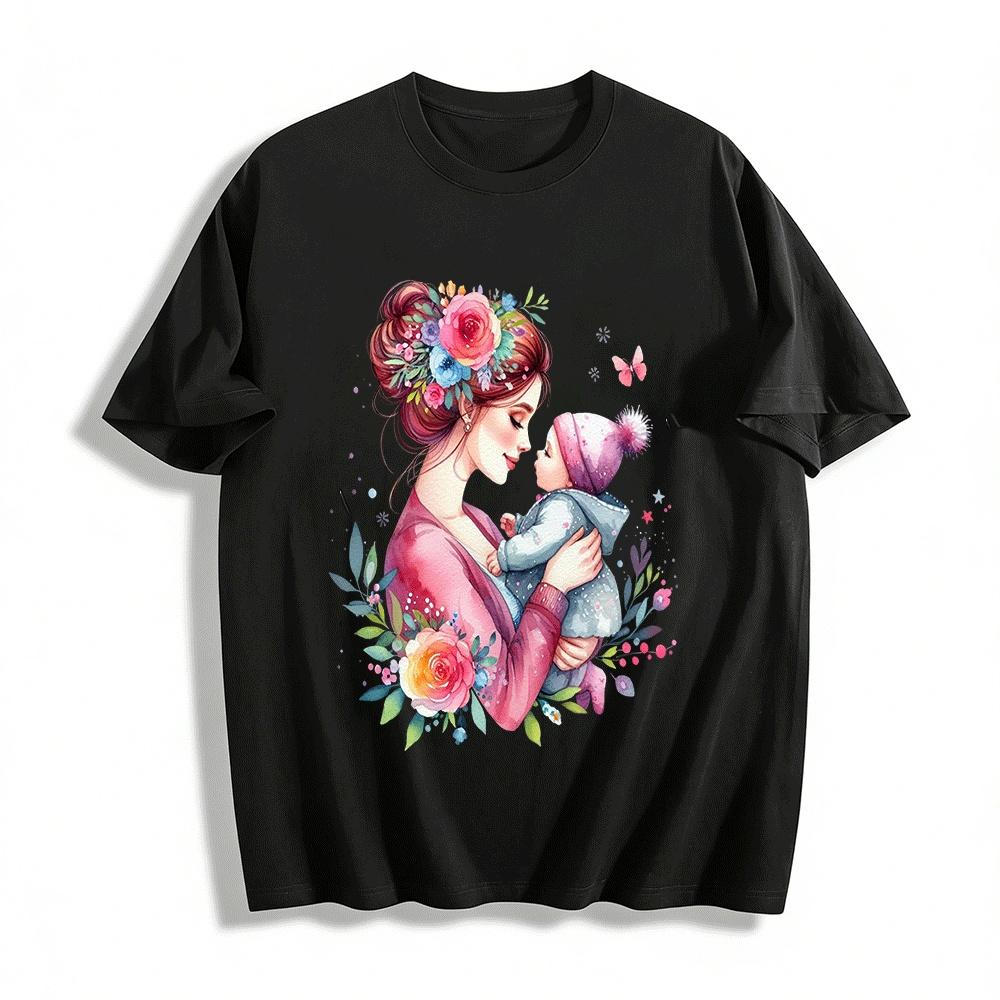 Floral Print Mom And Baby Hug Casual Parent-child Top Pure cotton T-shirt XXS