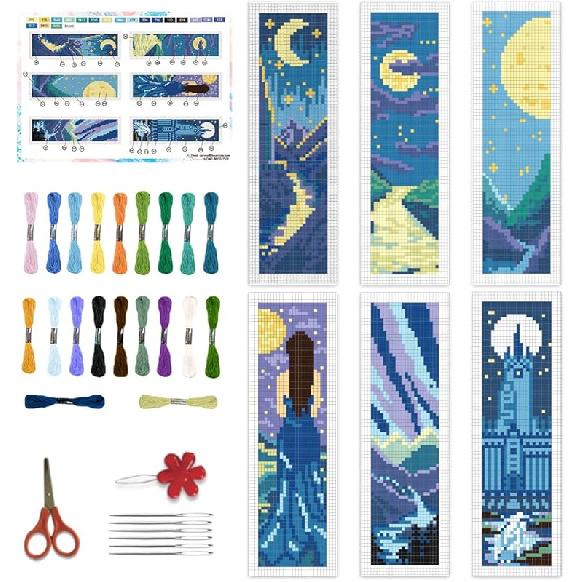 BEUNITONE Cross Stitch Kit Bookmark Scenery Landscape Cross Stitch Kits Bookmark Crossstitch Kits 8 x2.4 Stamped Embroidery Bookmark for Adults Starlit Sky
