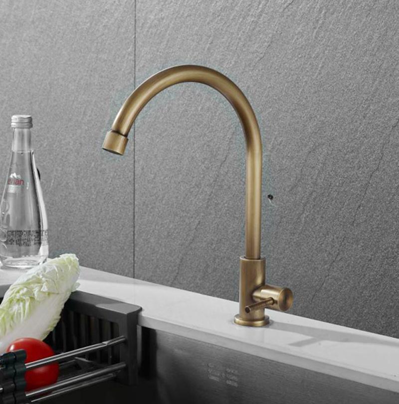 Brass Kitchen Faucet Antique Finish Single Handle High Quality Retro Only Cold Water Faucet 360 Swivel Basin Sink Tap Brush Gold
