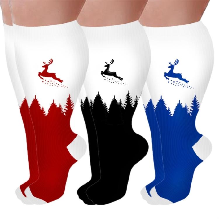3 Pairs Christmas Pattern Athletic Wide Calf Compression Socks for Men and Women Running Flight Travel Nurses Pregnant