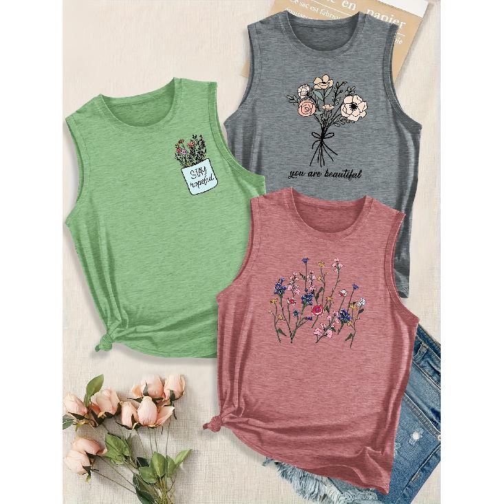 Women's Elegant Style Simple Fresh Line Letter Combination Gift Print Pattern Round Neck3Sleeveless Vest Spring/summer Women's Top