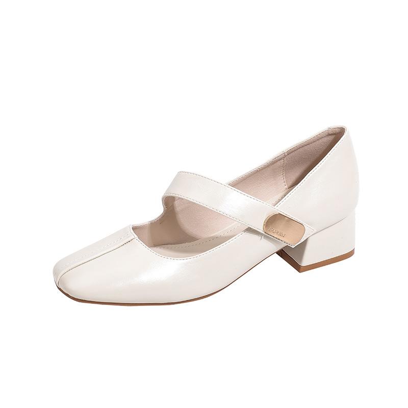 French Square Head Light Mouth Single Shoes Women's New Spring and Autumn White Medium Thick Heel Versatile Word with Mary Jane Shoes Women