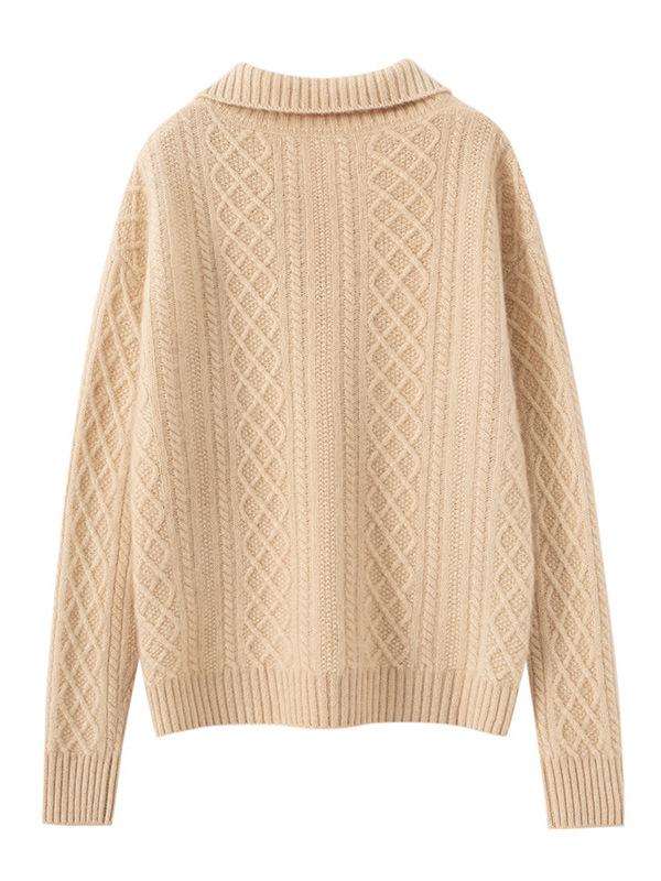 2025 Autumn/Winter Blue Slimming Cable Knit Cashmere Sweater with Lapel and Half-Zip