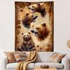 Roaring Brown Bear Heads Vintage Grunge Leaves Wall Tapestry Wildlife Animal Decor for Cabin Living Room Bedroom Gift