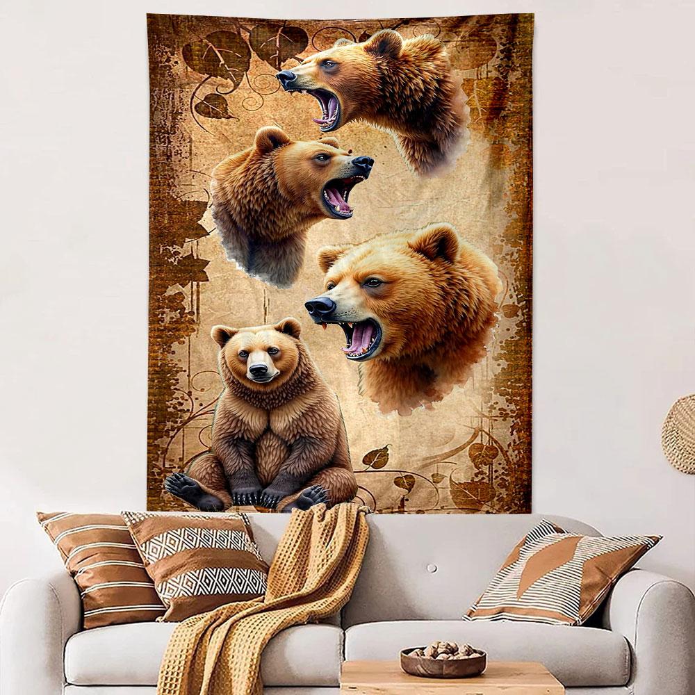 Roaring Brown Bear Heads Vintage Grunge Leaves Wall Tapestry Wildlife Animal Decor for Cabin Living Room Bedroom Gift