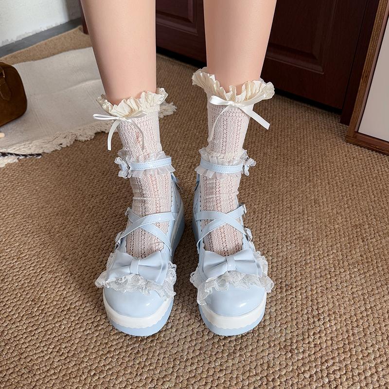 Fashion Sweet Girls Lolita Flat Platform ,Female Students Lace Strawberry Bowknots Cute Marry Jane Elevator Shoes