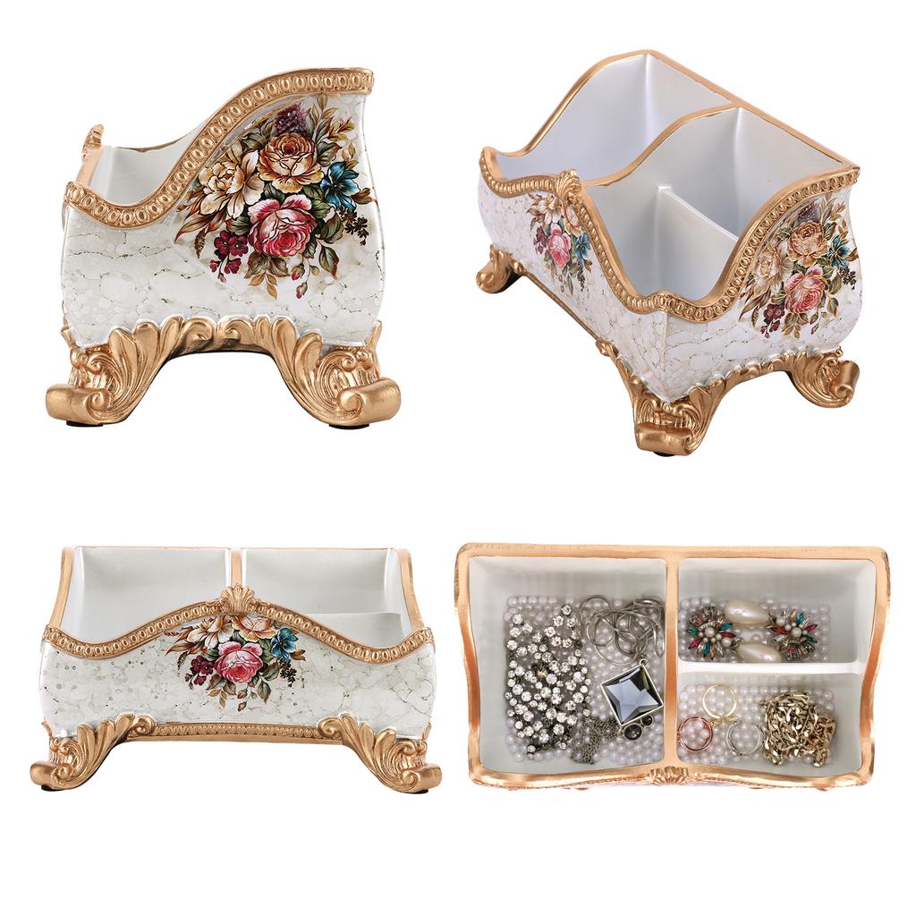 Vintage Floral Resin Tray European Style Storage Box Ornament Desk Organizer Three Compartment Storage Box Table Home Decor