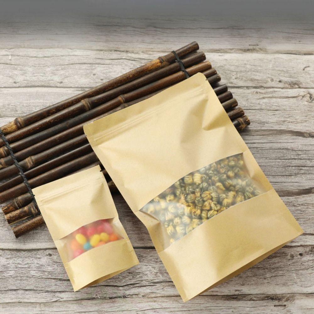 50pcs Moisture-proof Kraft Paper Self Sealing Bags with Window Food Repacking Pocket  Nuts