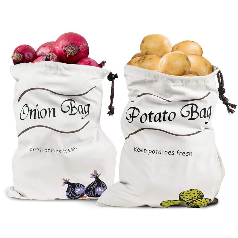 2Pcs Reusable Cotton Vegetable and Fruit Storage Bags Eco Friendly Drawstring Produce Fresh Keeping Pouches for Kitchen Refrigerator Freezer