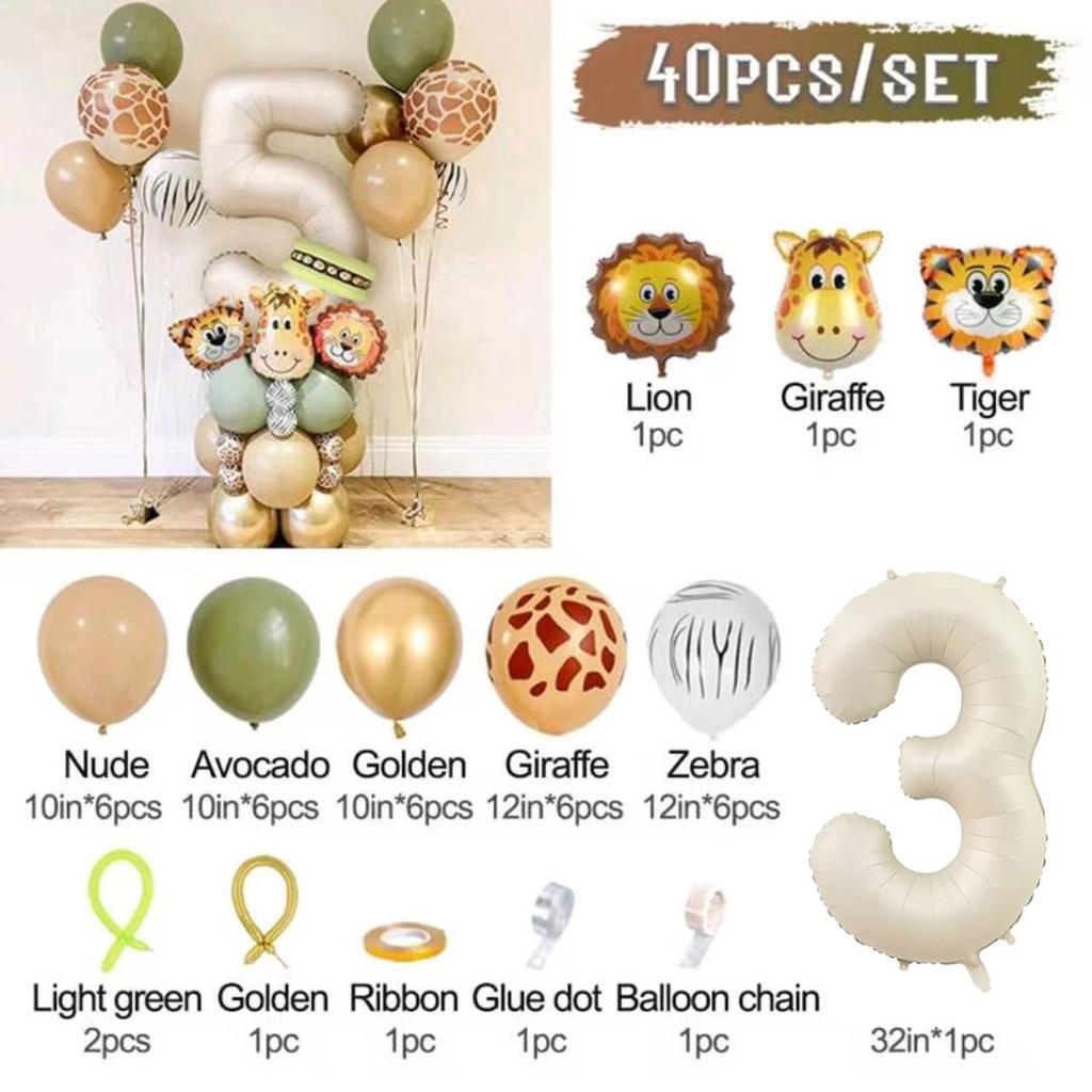 40pcs Jungle Retro Animal Balloon Set Lion Giraffe Balloon 1-9 Birthday Decoration Anniversary Jungle Theme Party Decoration