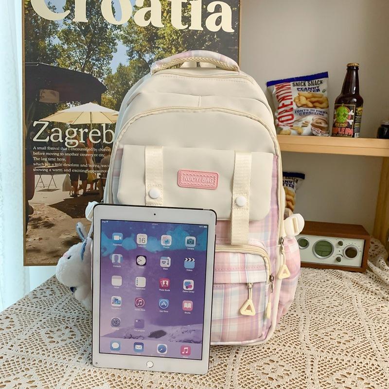 New Large-capacity Make-up Bag Trendy and Fashionable Plaid Junior High School College Student Backpack Two-piece Backpack Fashionable