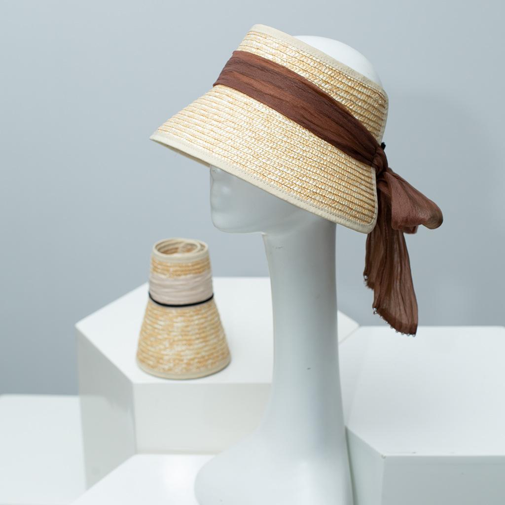 

Style Wheat Straw Hollow Sun Hat for Women, Bow & Pearl Decor, Breathable Visor Cap for Vacation, Outdoor Beach Sun Protection Adjustable (54-58CM) коричневий