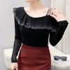 Spring Autumn Streetwear Spring Sexy Off Shoulder Women's T-Shirt Elegant Slim Design Tops Female Chic Ruffles Hot Diamonds Tees