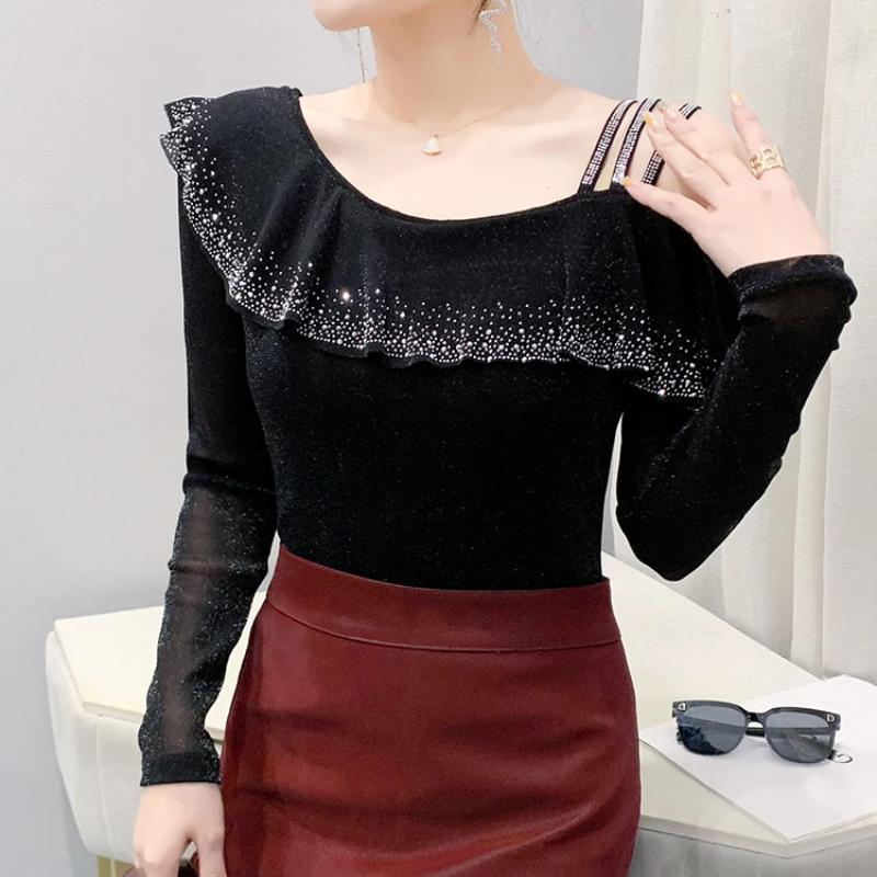 Spring Autumn Streetwear Spring Sexy Off Shoulder Women's T-Shirt Elegant Slim Design Tops Female Chic Ruffles Hot Diamonds Tees