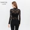 VOZZA Stretch-Bluse mit langem und einem hohen Power-Netz-Lang und einem Stehkragen, floral eng und entspannt, Damen-Allover-Spitze, durchscheinende Stickerei,