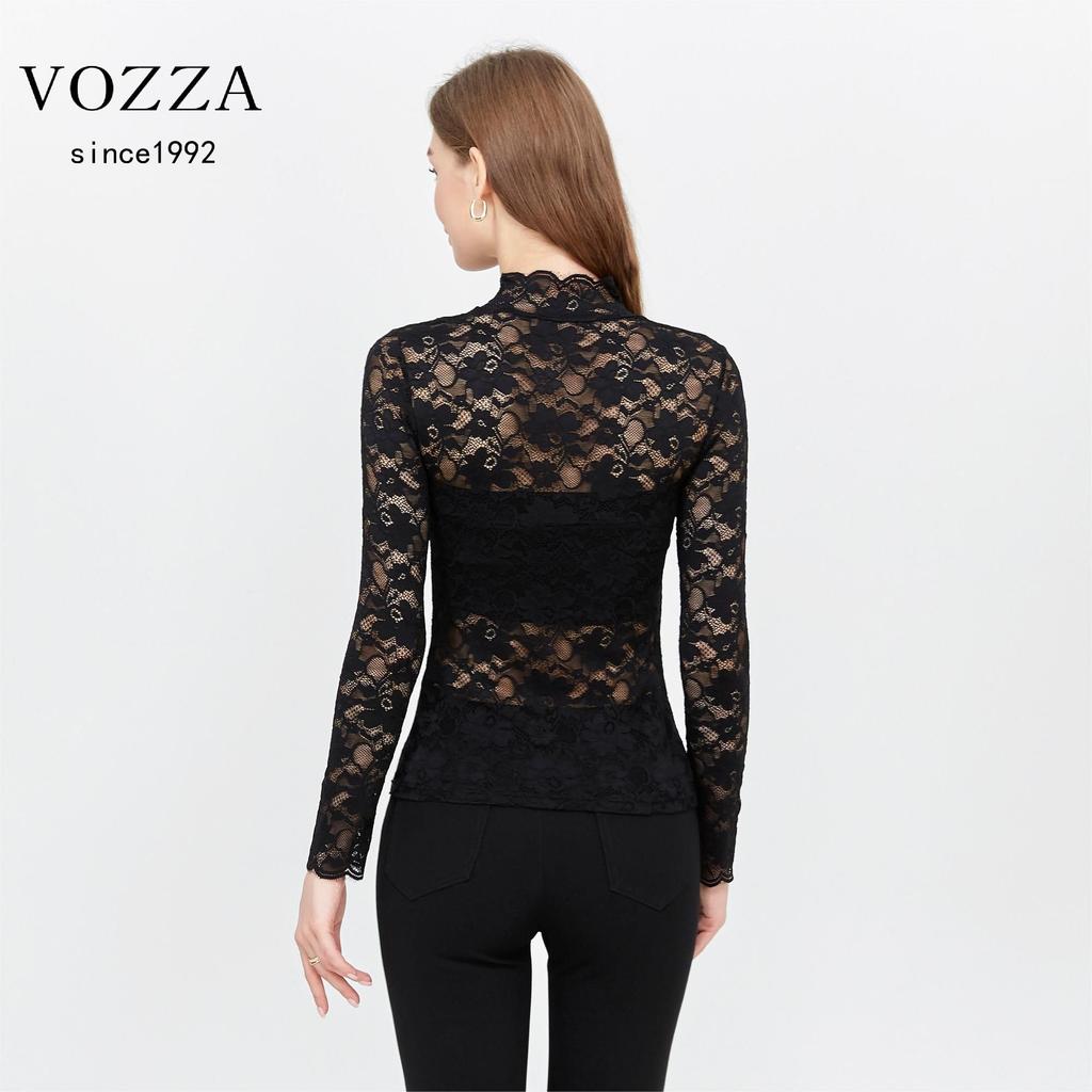 VOZZA Stretch-Bluse mit langem und einem hohen Power-Netz-Lang und einem Stehkragen, floral eng und entspannt, Damen-Allover-Spitze, durchscheinende Stickerei,