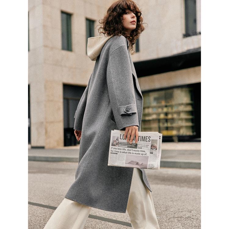 ELLE French Style Single-Breasted Faux Two-Piece Fashion Design Casual Loose Versatile Hooded Long Sleeve Double-Sided Wool Coat Soft Overcoat EN49415