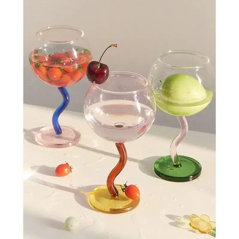 1pcs Multicolored Red Wine Glass Glass Cup with Curved Bottom Design Colorful Transparent Large Belly Red Wine Glass