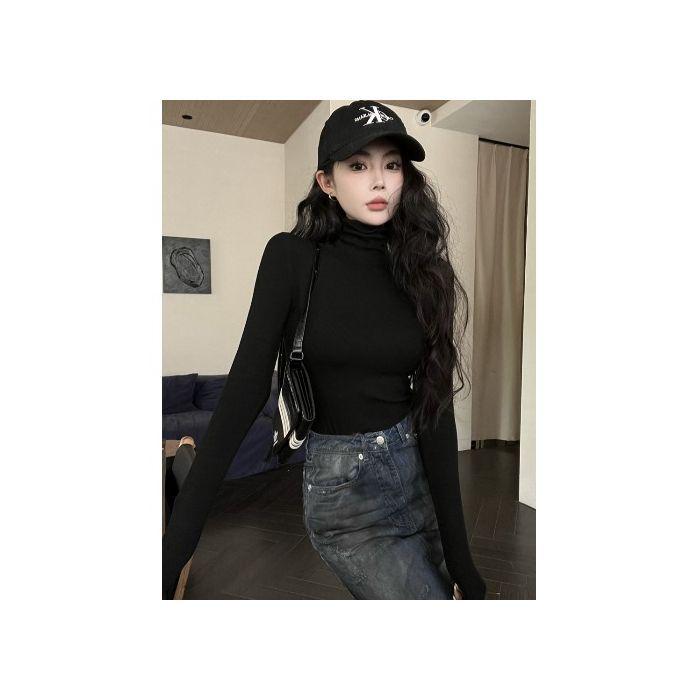 

Women s Black Slim-Fit High Neck Long Sleeve T-Shirt - Spring/Autumn Style Small чёрный