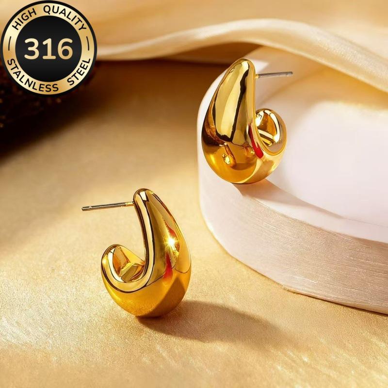 316 Stainless Steel Water Drop Earrings for Women, 18K Gold Plated, Cold Style, Light Luxury Titanium Steel, European and American Niche Design