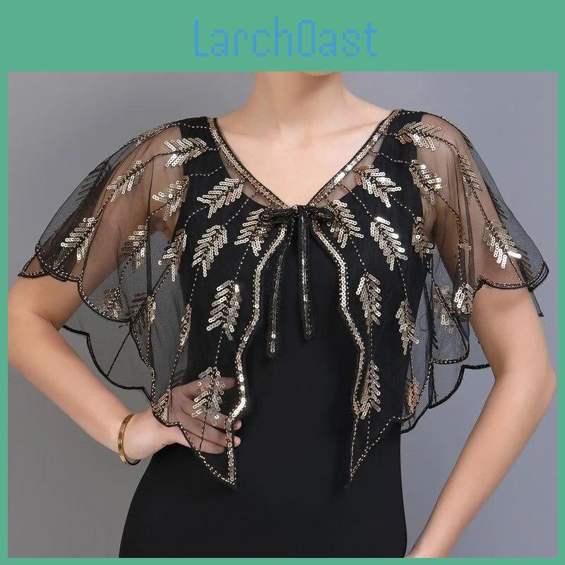 Beaded 1920s Sequin Retro Shawl Vintage Flapper Evening Cape Sheer Mesh Embroidery Leaf Women Bolero Party Accessories