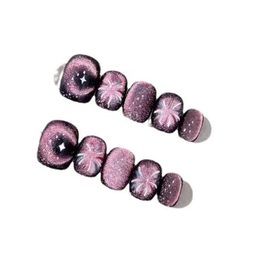 Xiaohongshu Dazzling Fireworks Crescent Purple Cat Eye Press-On Nails