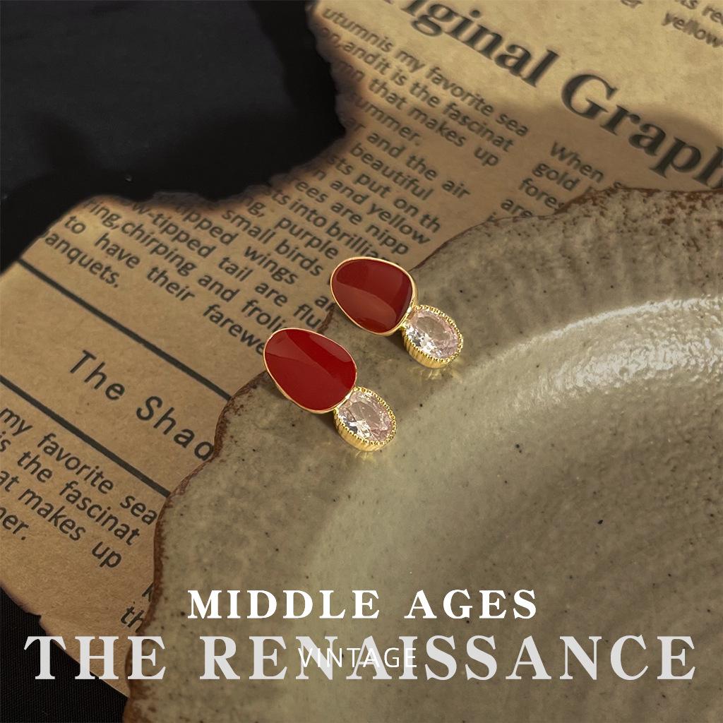 Burgundy Enamel Drop Glaze Earrings Collection Retro French Stud Earrings Hong Kong Style Earrings