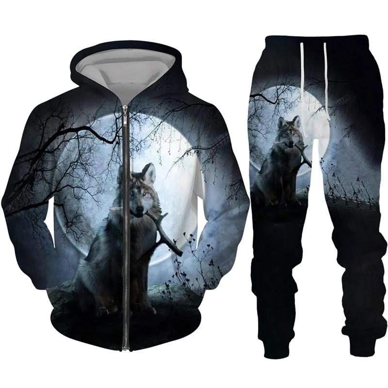 Men's Zipper Hoodie Set 3D Printed Animal Wolf Sportswear/Pants Casual Street Long Sleeve Loose Spring Autumn 2 Piece Set