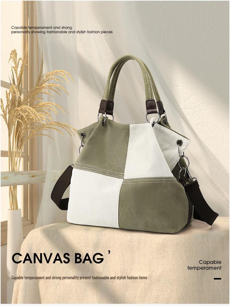Trendy Women's Patchwork Canvas Tote and Crossbody Bag - Fashionable, Versatile, Color Block Design 2025.