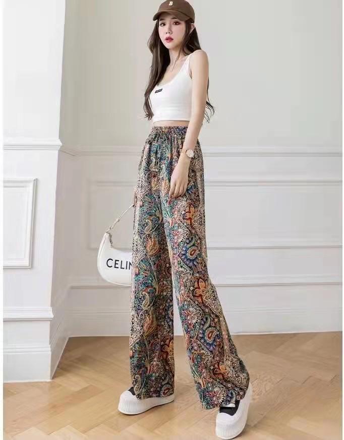 Women's Summer Korean Style Ice Silk Tie-Dye Wide-Leg Pants