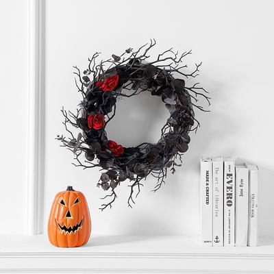 Halloween Wilt Wreath Artificial Flower Black Rose Decoration Wreath Door Hanging Festive Arrangement Rattan Ring Wall Hanging