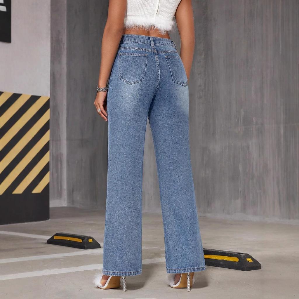 Pantaloni de damă cu picioare drepte, pantaloni lați, blugi cu talie înaltă