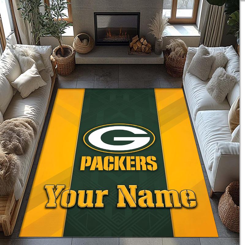 Green Bay Packers Crystal Velvet Rug, Custom Name Text Personalized Non‑Slip Floor Mat for Home Decor Gift