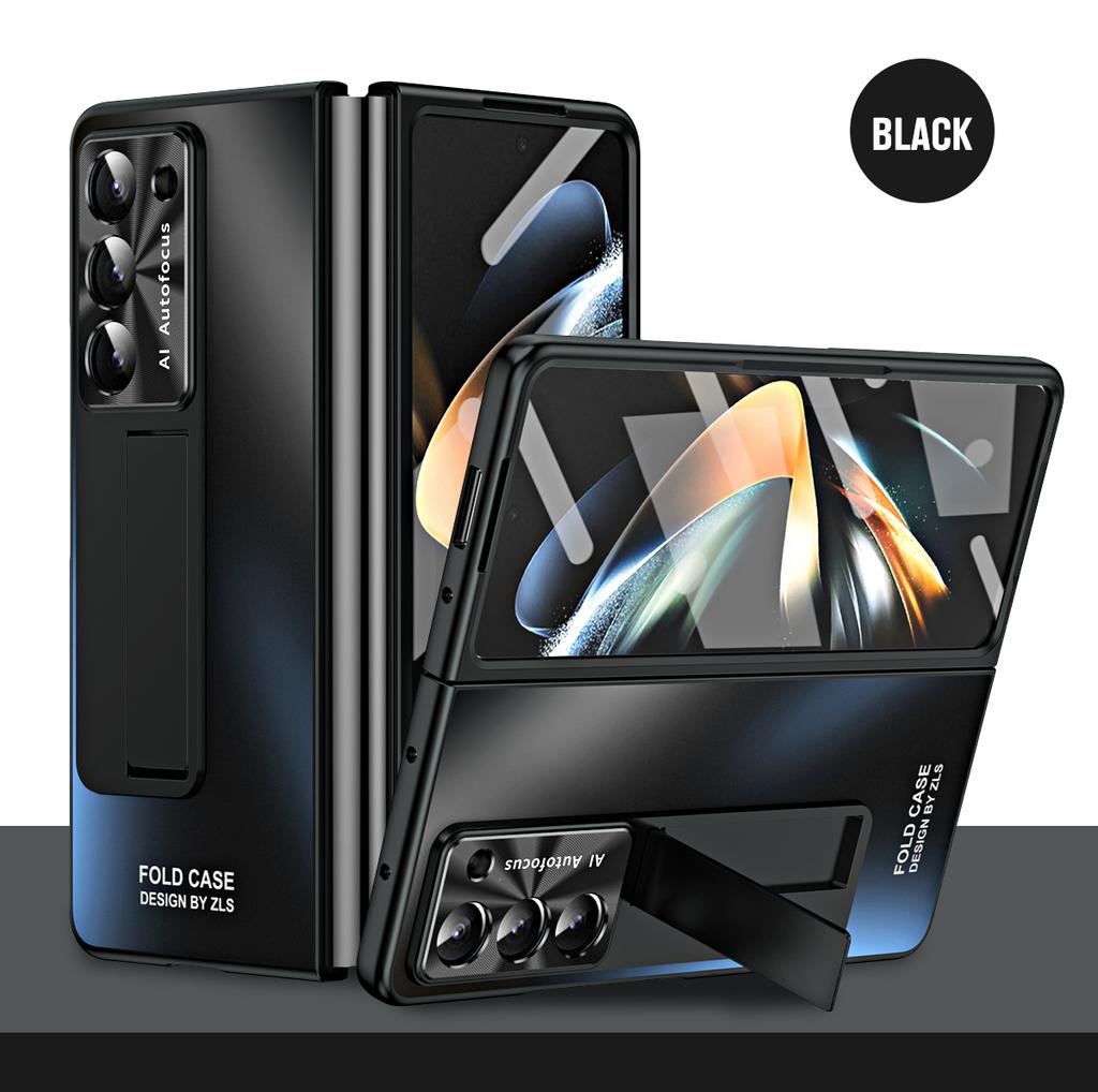 Electroplating Hard PC Shockproof Phone Cover for Samsung Galaxy Z Fold 6 5 4 3 Case with Tempered Glass Screen Protector Stand Holder