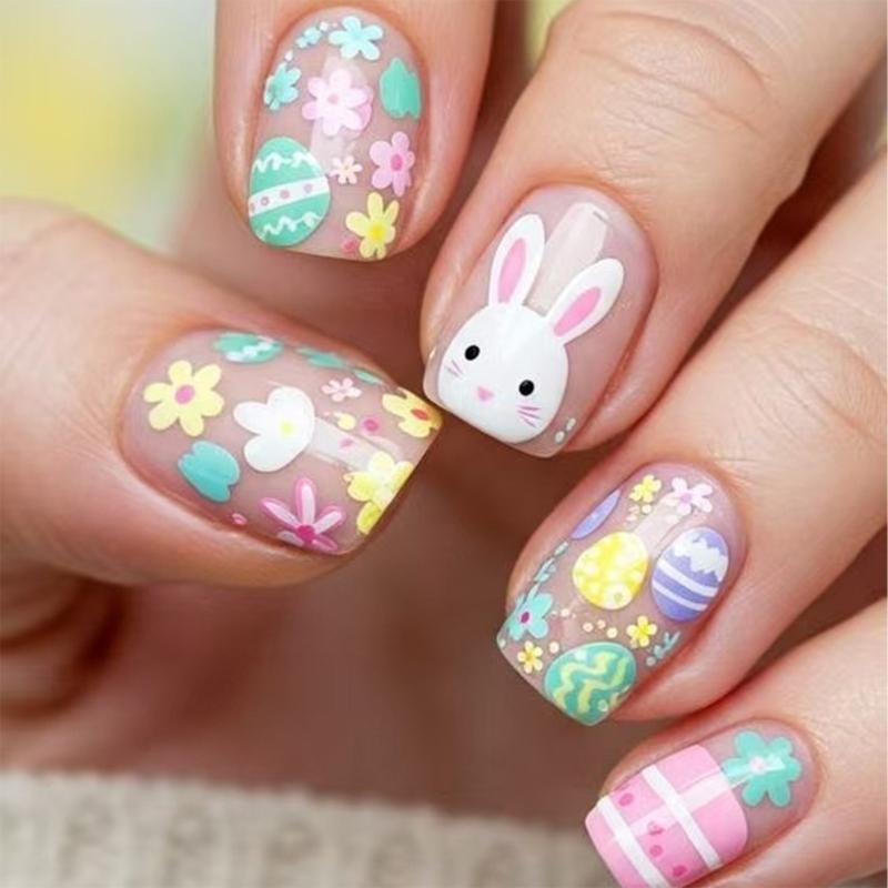 ABS Material Easter Inspired Press On Nail Easter Bunnies Floral Patterns For Spring Celebration 1