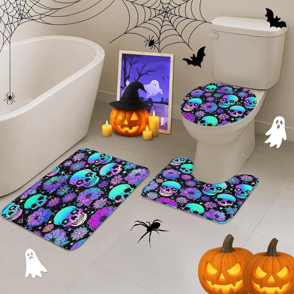 Halloween Skull Flower Shower Curtain Sets With Rugs Purple Neon Funny Horror Bathroom Set With Non-Slip Rug,Toilet Lid Cover,