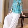 Chiffon for Women In Summer Chinese Style Tang Suit  Stand Collar and Quarter Sleeve Retro Printed Top
