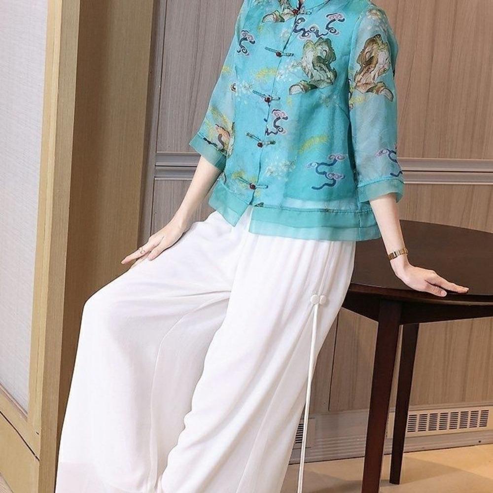 Chiffon for Women In Summer Chinese Style Tang Suit  Stand Collar and Quarter Sleeve Retro Printed Top