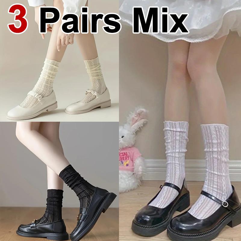 1/3 Pairs Women Knee Length Flower Bud Stockings Fashionable Hollow Out Design Summer Breathable Comfortable Casual Long Socks