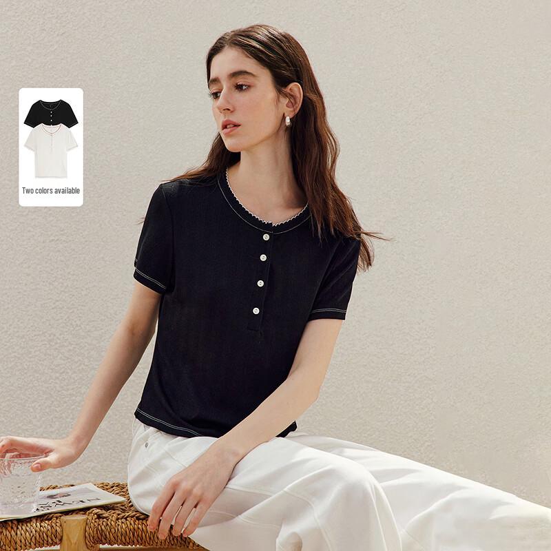 INMAN French Style Color-Block Henley Neck Short Sleeve T-Shirt XL