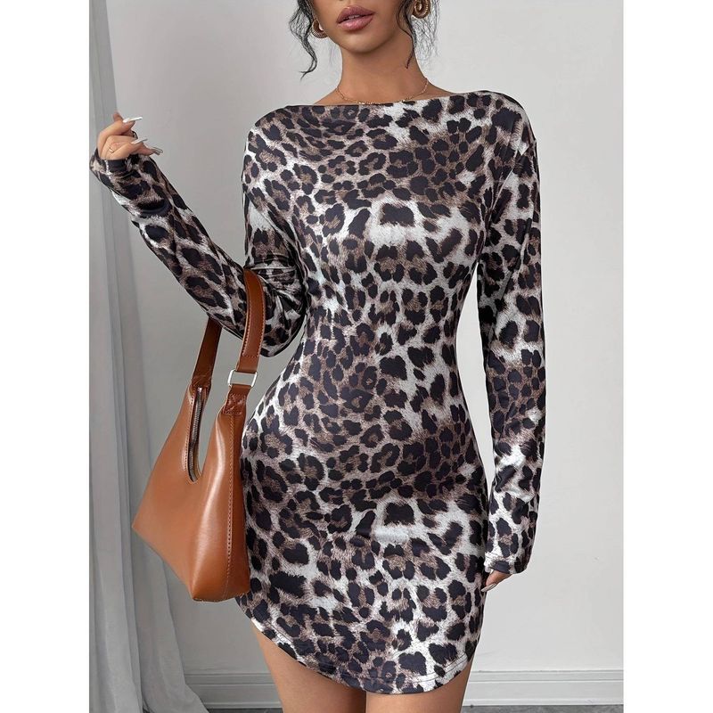 Fashion Style Spring & Fall Sexy Leopard Print Print Long Sleeves Dress Silm Slim Looking Sexy Hip Skirt Base Short Skirt