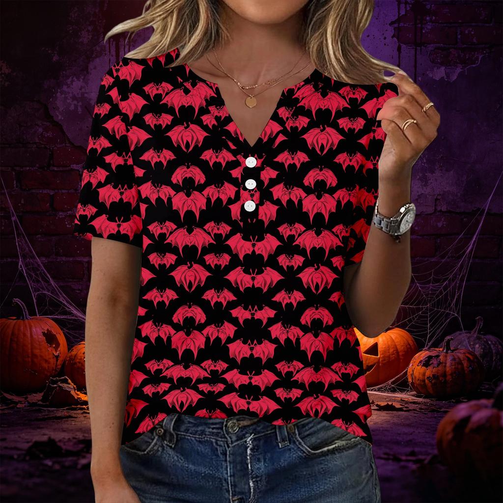 Women’s Casual Halloween Print V Neck Short Sleeve T Shirt Top with Decorative Button for Everyday Wear