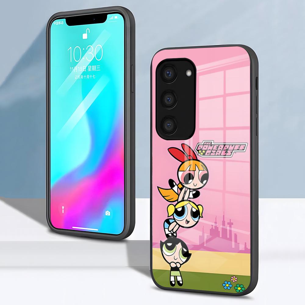 The P-Powerpuff Girls Cute Phone Case For Samsung S26 S25 S24 FE S23 S22 S21 Plus S20 Ultra Note20Ultra Black Glass Cover